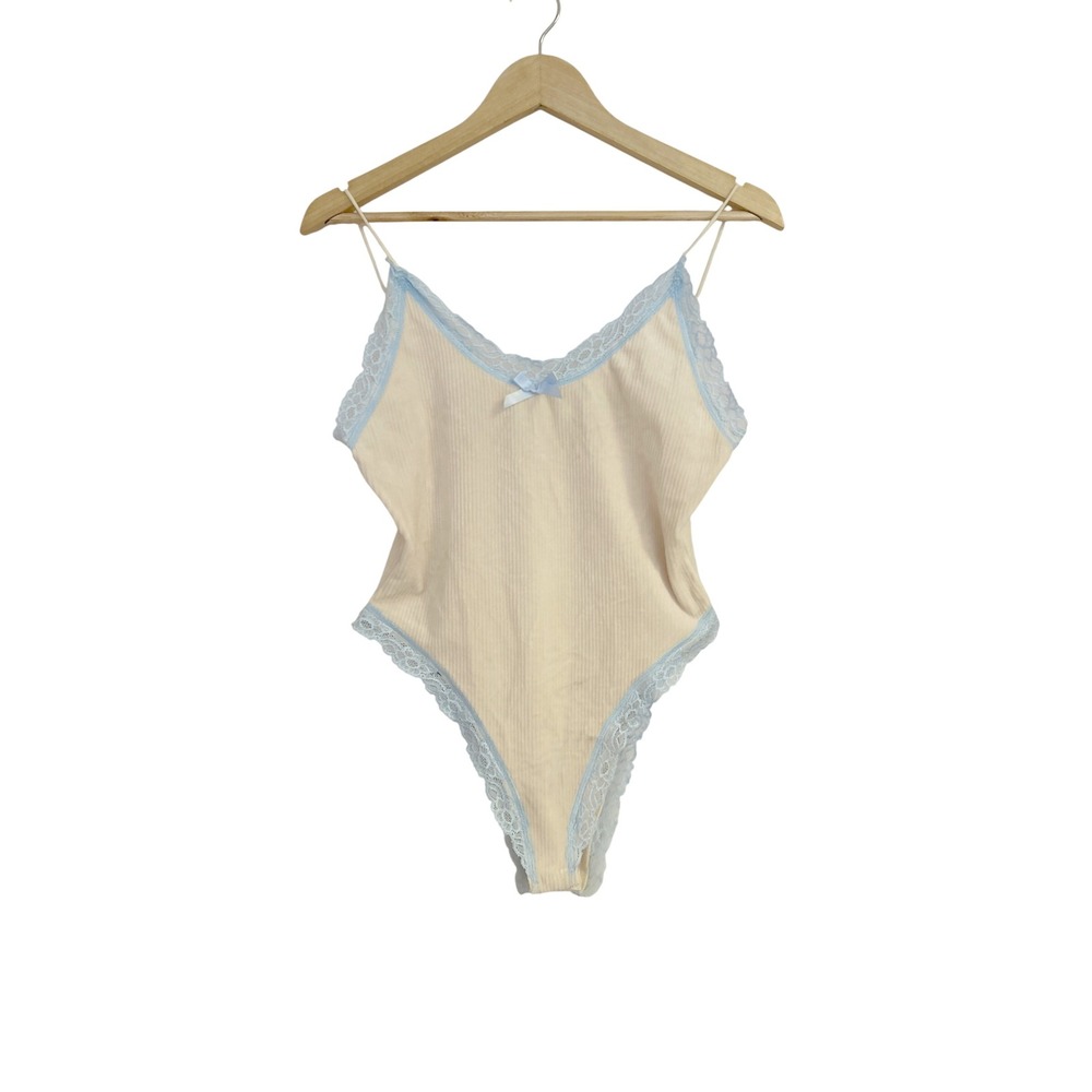 Molly Green Cream Ribbed Lace Trim‎ Cami Bodysuit Women's Size Large